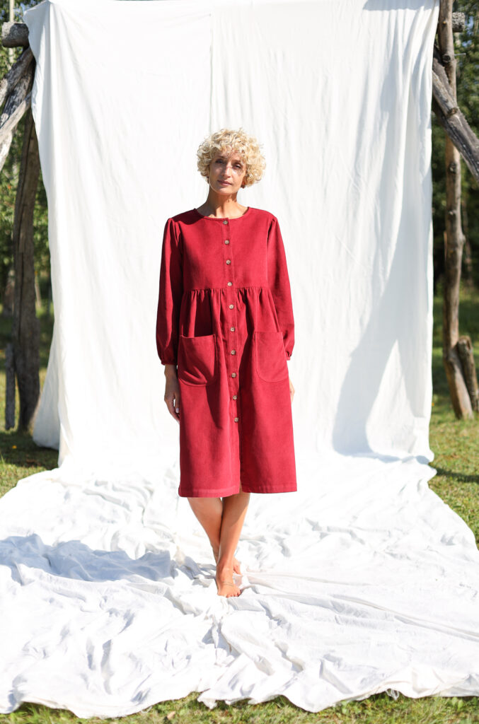 Burgundy needlecord long sleeve dress with pockets - Image 2