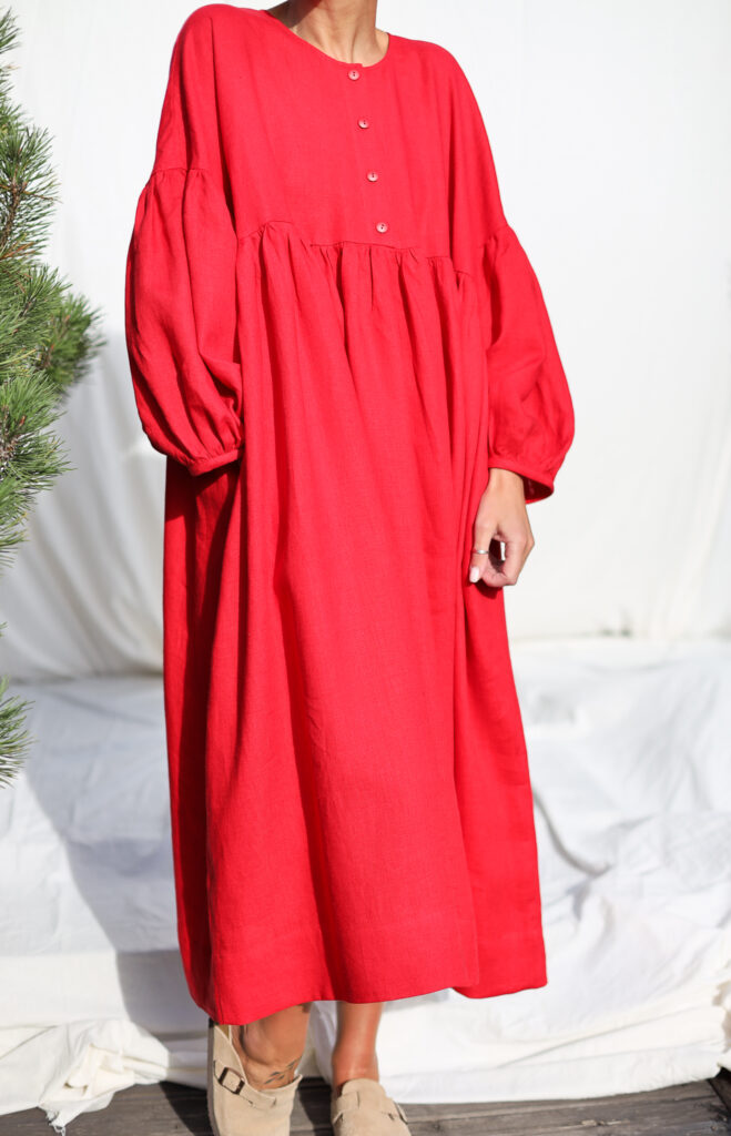 Red linen oversized voluminous sleeves dress GRETA - Image 6