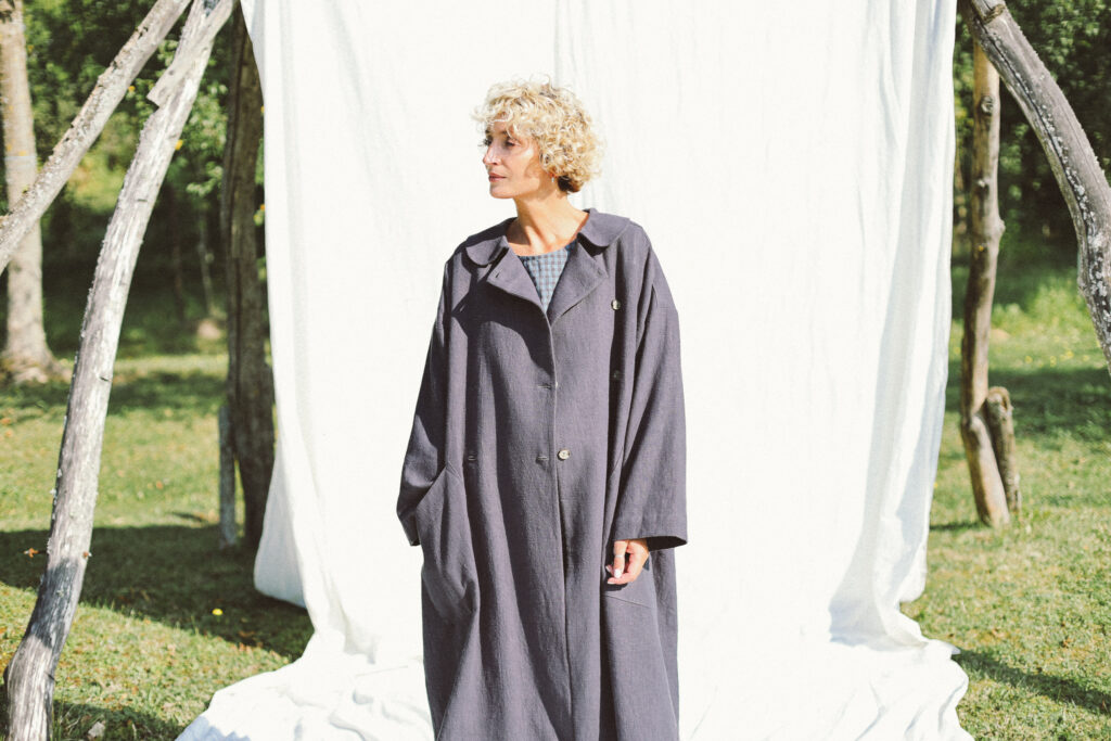 Heavy linen oversized coat in navy blue color - Image 1
