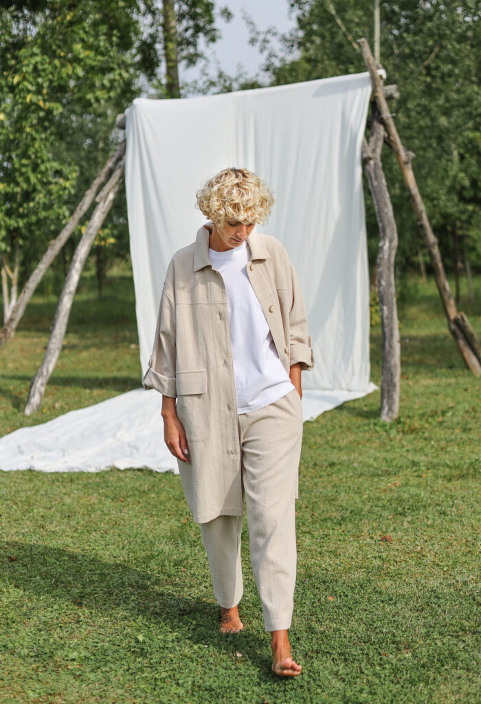 Beige heavy linen Midi length coat with patch pockets - Image 6