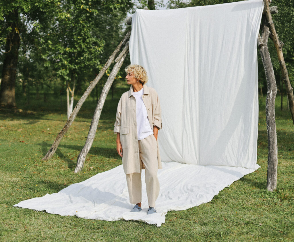 Beige heavy linen Midi length coat with patch pockets - Image 1