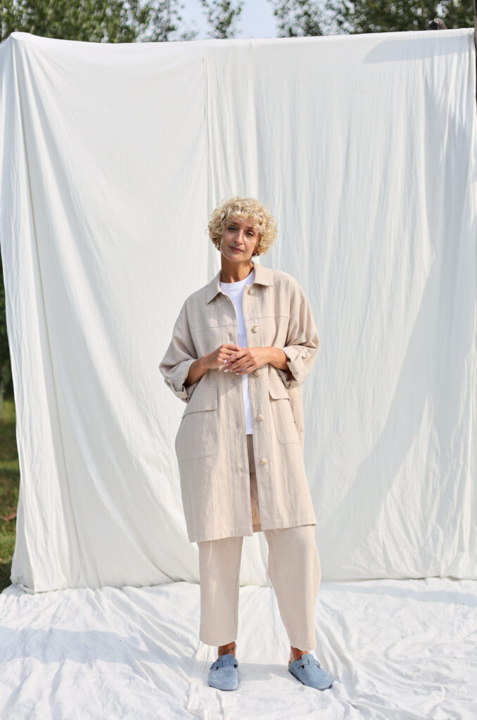 Beige heavy linen Midi length coat with patch pockets - Image 3