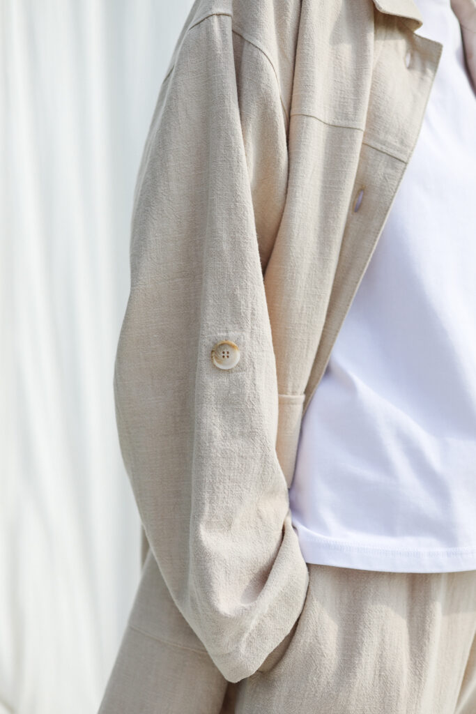Beige heavy linen Midi length coat with patch pockets - Image 4