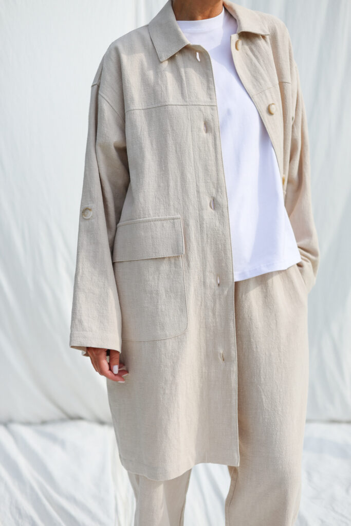 Beige heavy linen Midi length coat with patch pockets - Image 2
