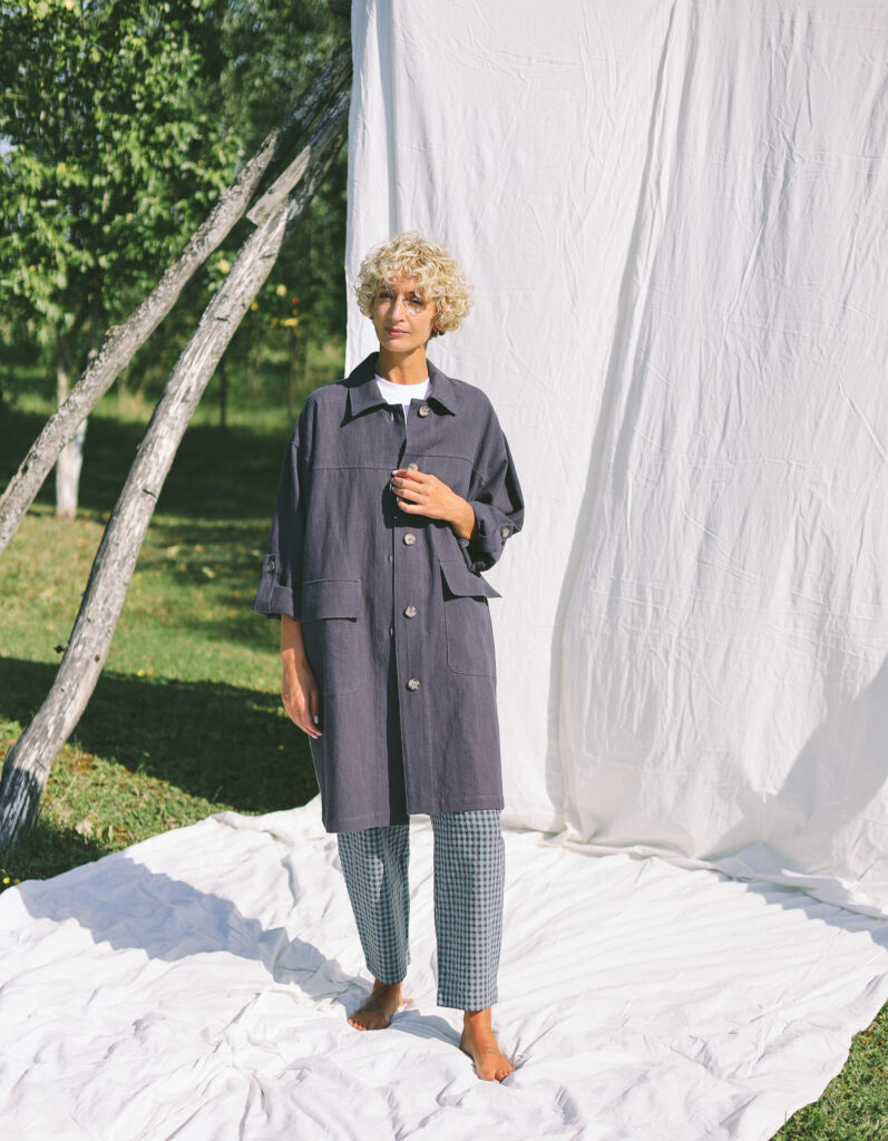 Navy blue heavy linen Midi length coat with patch pockets