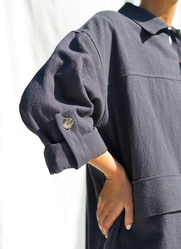 Navy blue heavy linen Midi length coat with patch pockets - Image 6
