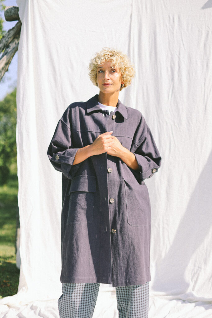 Navy blue heavy linen Midi length coat with patch pockets - Image 5