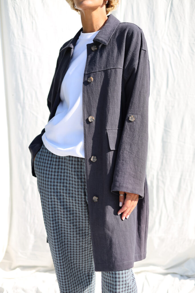 Navy blue heavy linen Midi length coat with patch pockets - Image 4