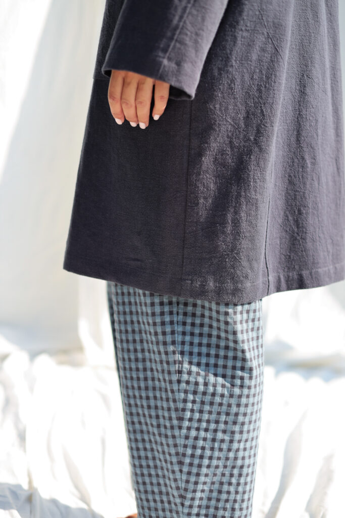 Navy blue heavy linen Midi length coat with patch pockets - Image 3