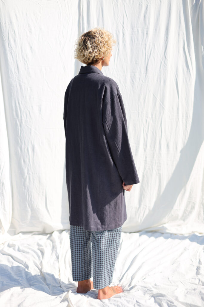 Navy blue heavy linen Midi length coat with patch pockets - Image 2