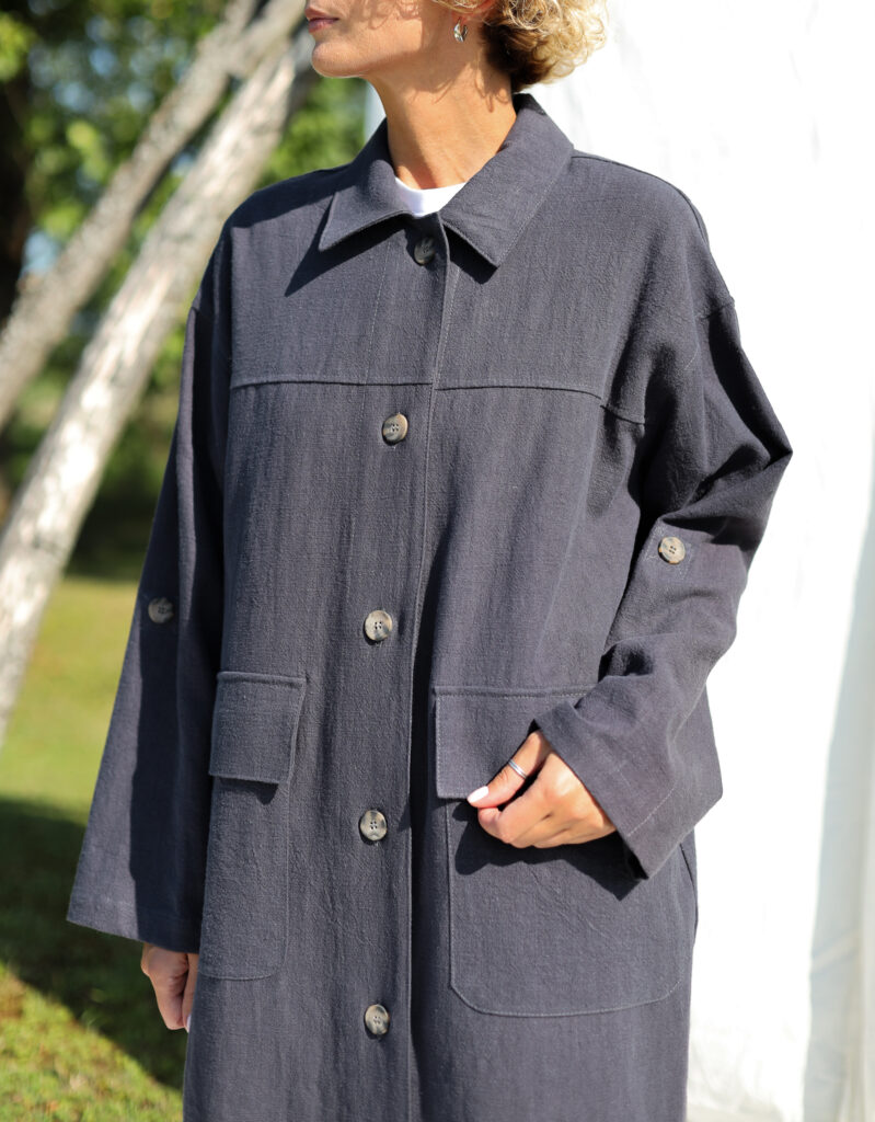 Navy blue heavy linen Midi length coat with patch pockets - Image 1