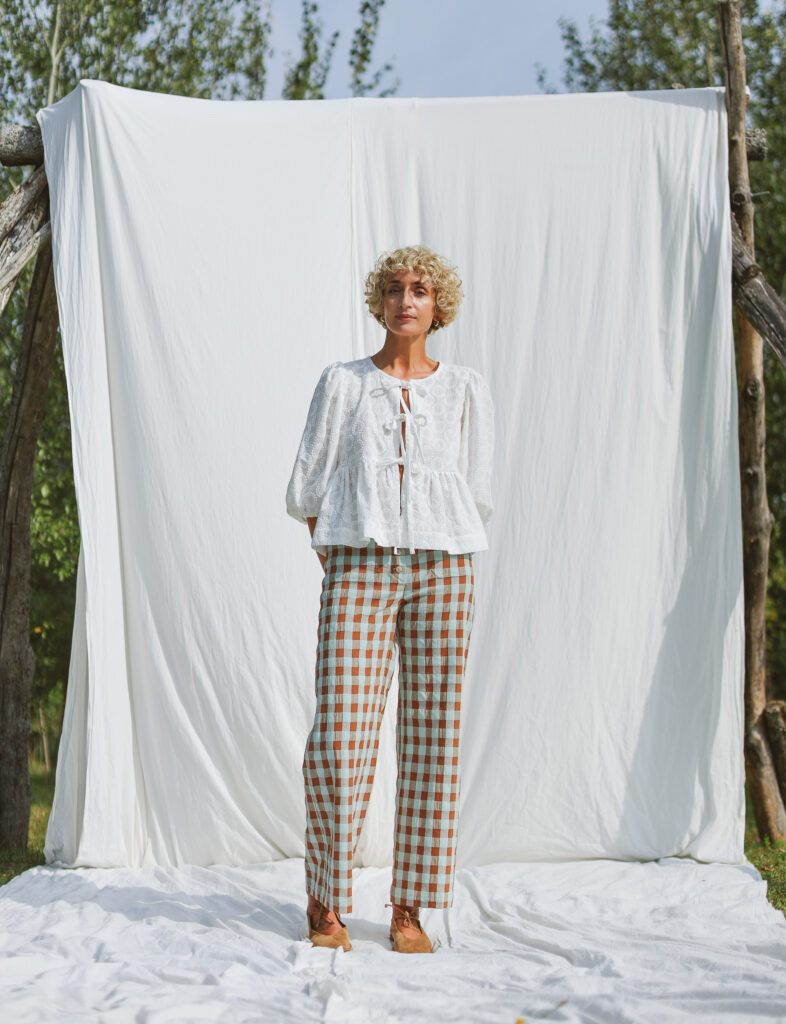 Tie front blouse in off-white embroidered cotton SUNNY - Image 1