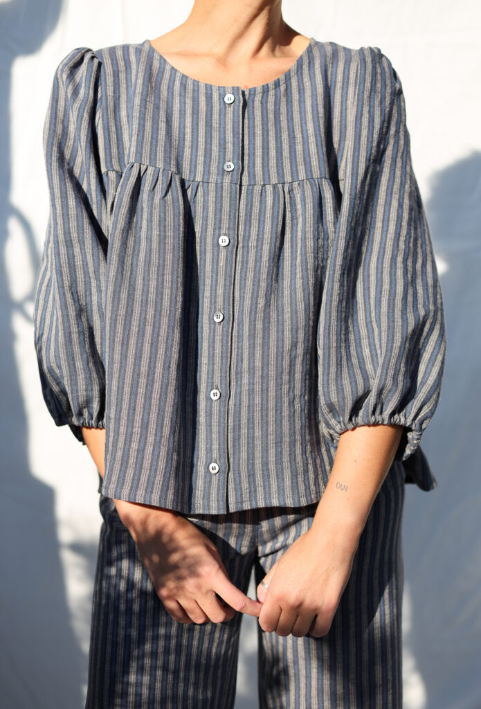 Puffy Sleeve Blouse In Striped Exclusive Jacquard Linen - Image 1