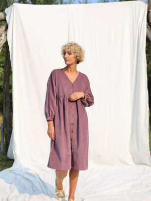 V-neck button through needlecord dress | Dress | Sustainable clothing | OffOn clothing
