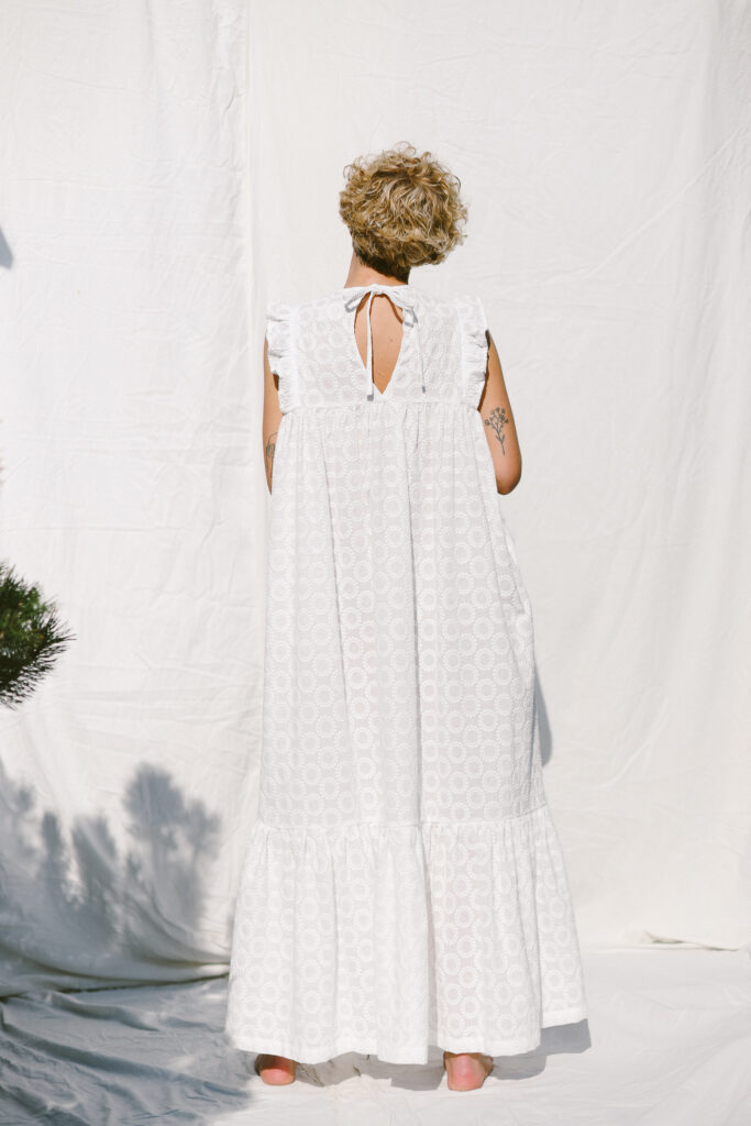 Embroidery cotton flutter sleeve elegant summer dress with tie BASILE | Dress | Sustainable clothing | OffOn clothing