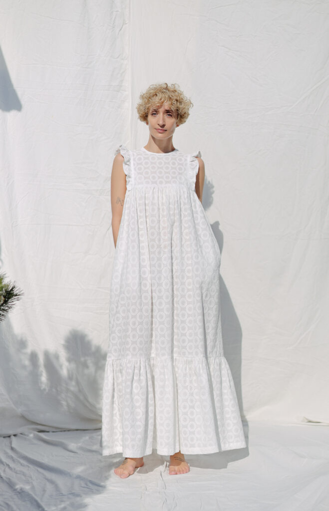 Embroidery cotton flutter sleeve elegant summer dress with tie BASILE - Image 1