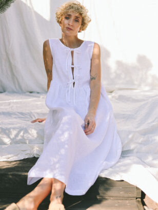 Sleeveless linen dress with ties and ruffled skirt GEMMA | Dress | Sustainable clothing | OffOn clothing