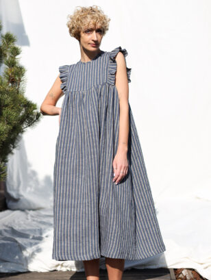 Flutter sleeves linen dress AMANDA in exclusive jacquard linen | Dress | Sustainable clothing | OffOn clothing
