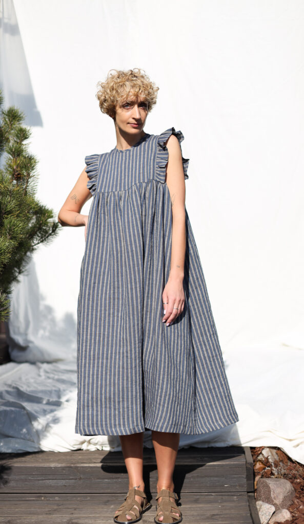 Flutter sleeves linen dress AMANDA in exclusive jacquard linen | Dress | Sustainable clothing | OffOn clothing