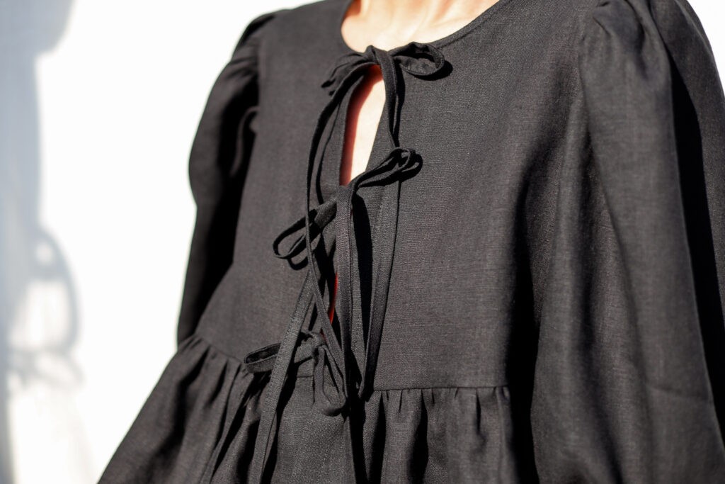 Linen tie front puffy sleeves top SUNNY - Image 5