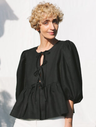 Linen tie front puffy sleeves top SUNNY | Tops | Sustainable clothing | OffOn clothing