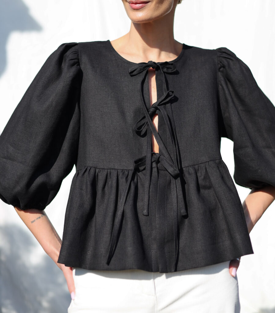 Linen tie front puffy sleeves top SUNNY - Image 4