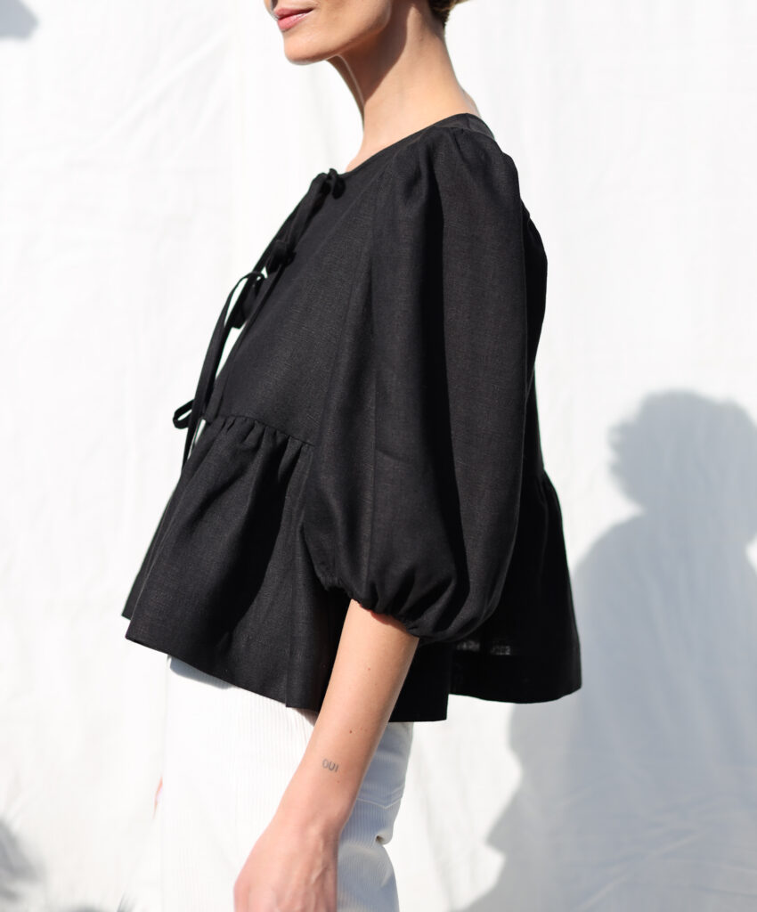 Linen tie front puffy sleeves top SUNNY - Image 3
