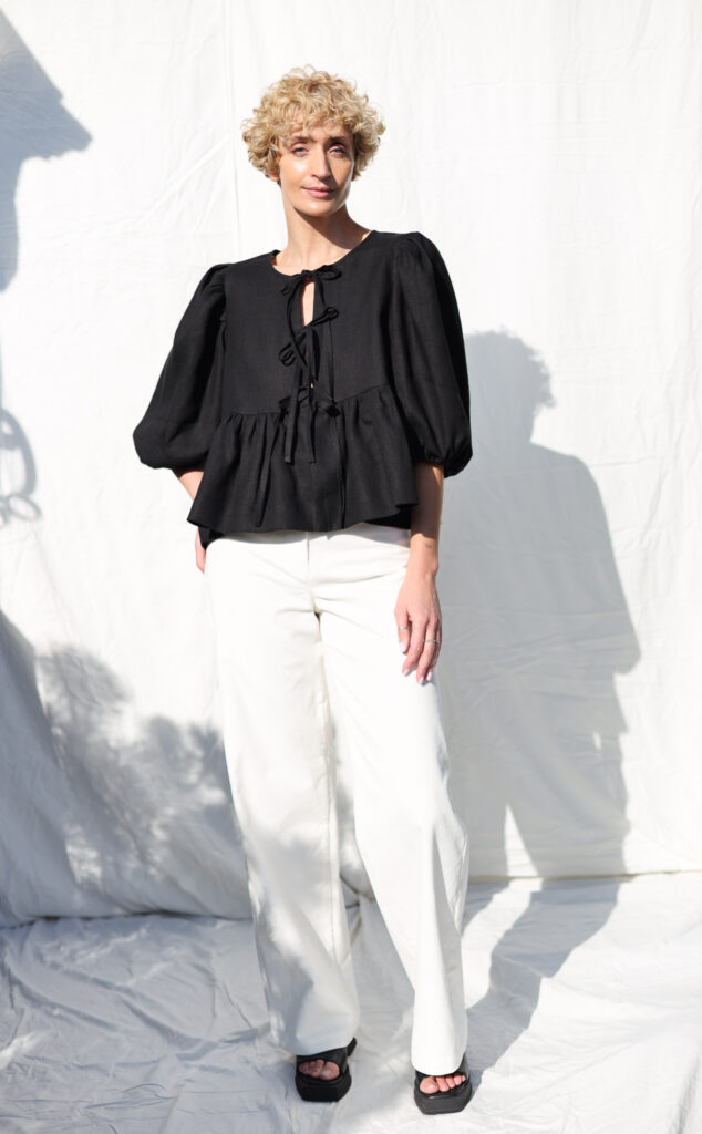 Linen tie front puffy sleeves top SUNNY - Image 1
