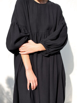 Black organic double gauze checks oversized dress GRETA | Dress | Sustainable clothing | OffOn clothing