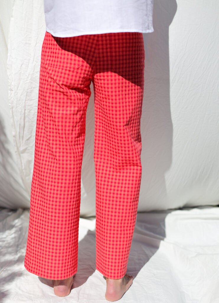 Higher waist cropped leg culottes in Glace Cherry Red seersucker checks - Image 3