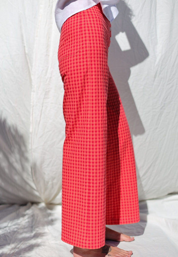 Higher waist cropped leg culottes in Glace Cherry Red seersucker checks - Image 2