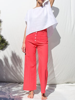 Higher waist cropped leg culottes in Glace Cherry Red seersucker checks | Trousers | Sustainable clothing | OffOn clothing