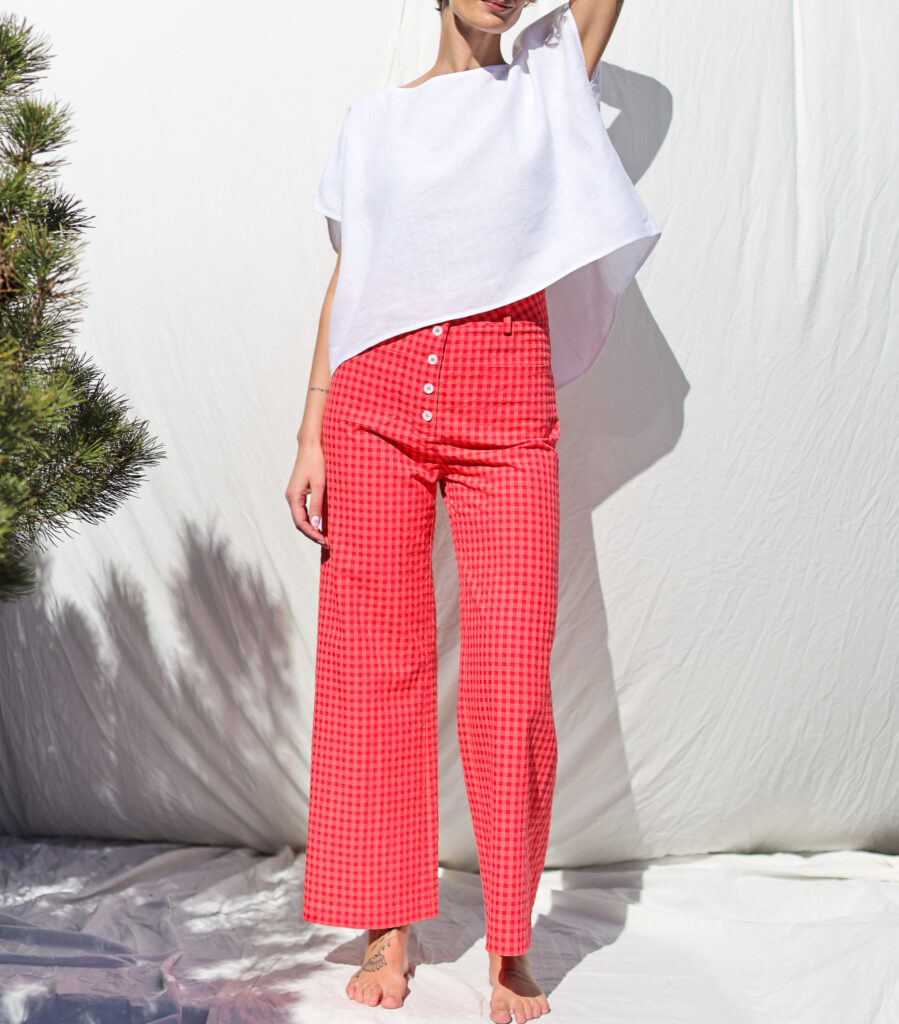 Higher waist cropped leg culottes in Glace Cherry Red seersucker checks | Trousers | Sustainable clothing | OffOn clothing