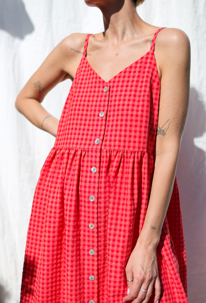 Adjustable straps glace cherry seersucker checks dress ELOISE | Dress | Sustainable clothing | OffOn clothing