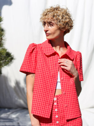 Peter Pan collar short sleeve blouse in glace cherry red seersucker checks | Tops | Sustainable clothing | OffOn clothing