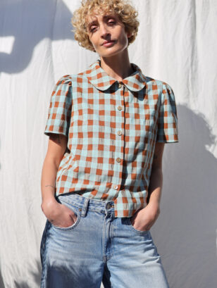 Peter Pan collar short sleeve seersucker checks blouse | Dress | Sustainable clothing | OffOn clothing