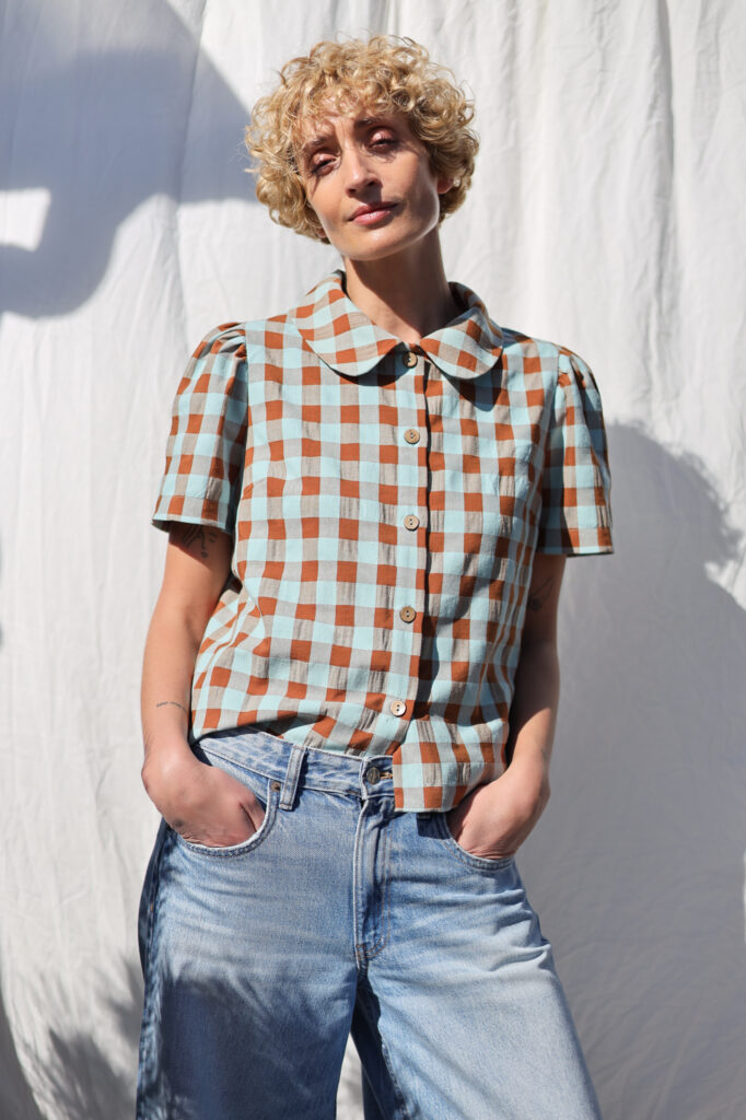 Peter Pan collar short sleeve seersucker checks blouse | Dress | Sustainable clothing | OffOn clothing