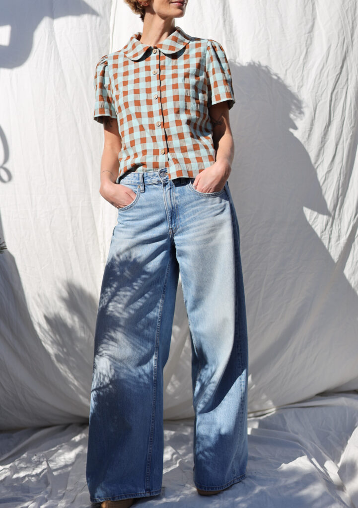 Peter Pan collar short sleeve seersucker checks blouse - Image 6