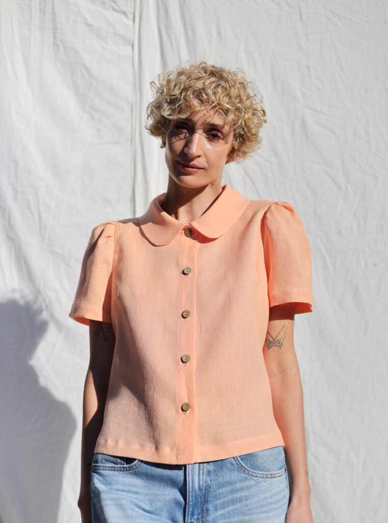 Peter Pan collar linen short puffy sleeves blouse