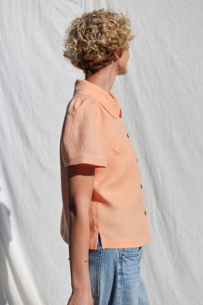 Peter Pan collar linen short puffy sleeves blouse - Image 2