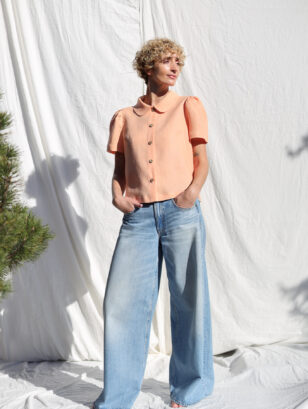 Peter Pan collar linen short puffy sleeves blouse | Coat | Sustainable clothing | OffOn clothing