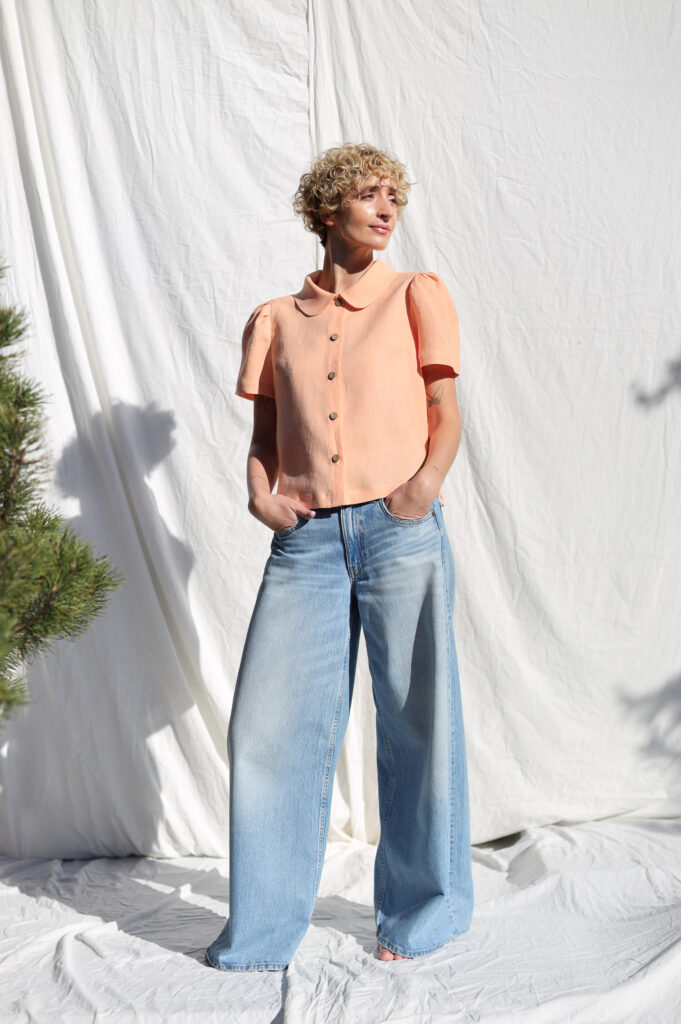 Peter Pan collar linen short puffy sleeves blouse | Coat | Sustainable clothing | OffOn clothing