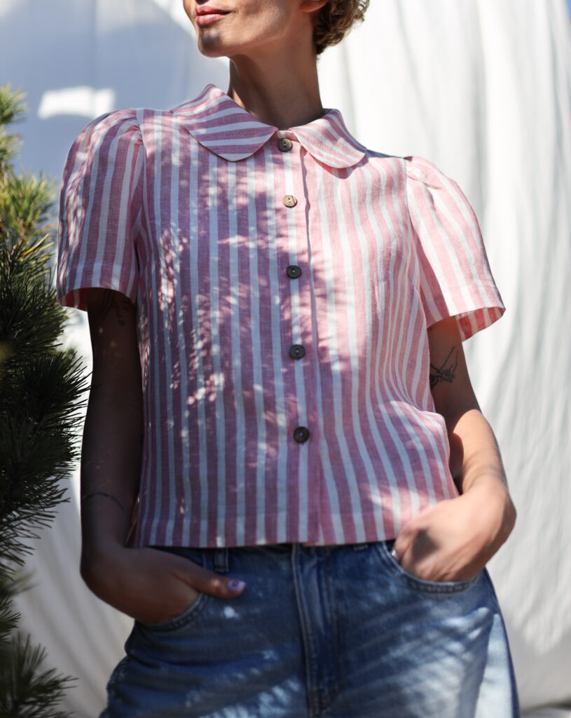 Striped linen Peter Pan collar short puffy sleeves blouse - Image 6