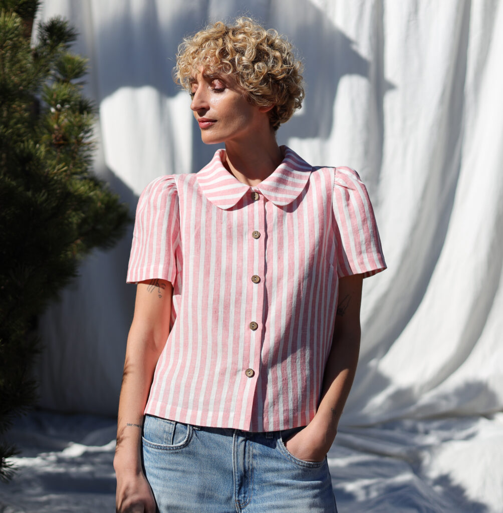 Striped linen Peter Pan collar short puffy sleeves blouse | Blouse | Sustainable clothing | OffOn clothing