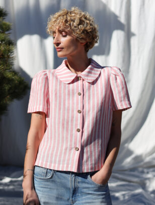 Striped linen Peter Pan collar short puffy sleeves blouse | Blouse | Sustainable clothing | OffOn clothing