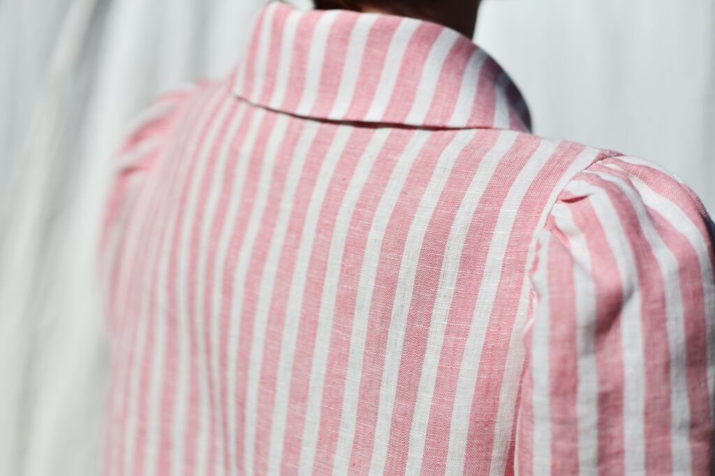 Striped linen Peter Pan collar short puffy sleeves blouse - Image 4