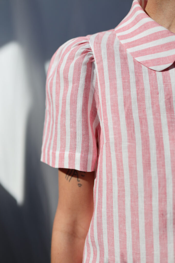 Striped linen Peter Pan collar short puffy sleeves blouse - Image 2