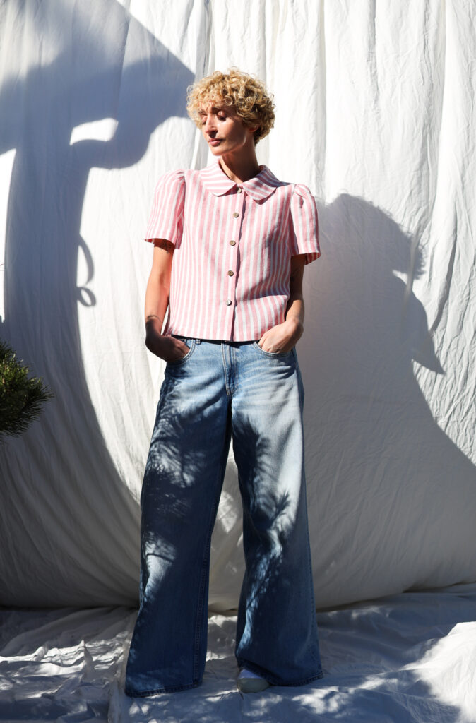 Striped linen Peter Pan collar short puffy sleeves blouse - Image 1
