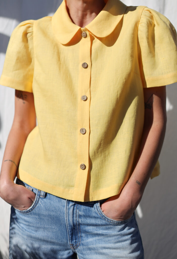 Linen Peter Pan collar short puffy sleeves blouse - Image 5