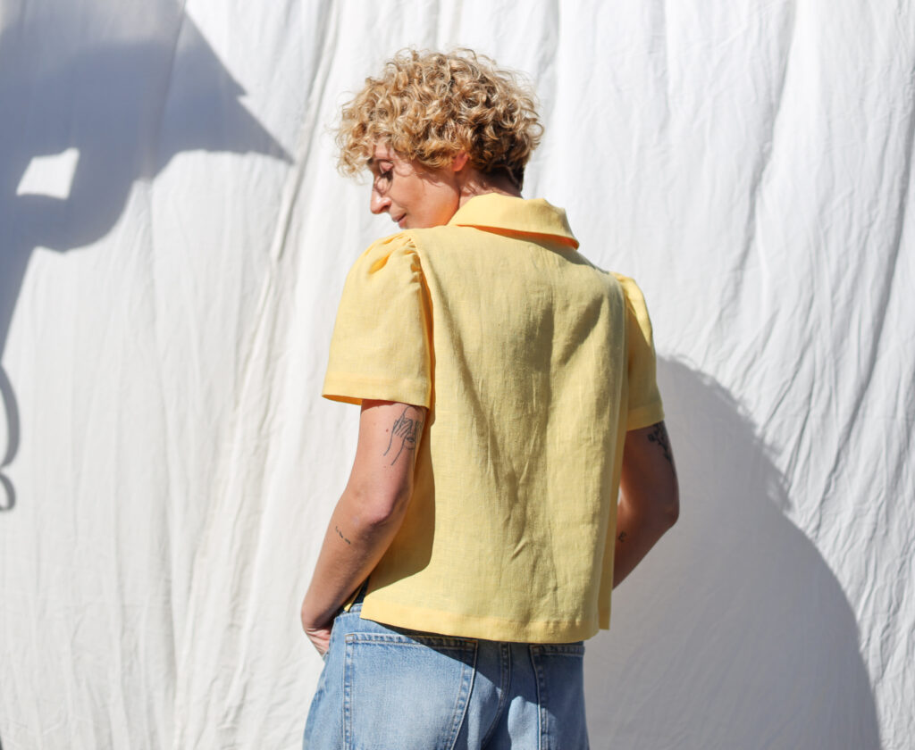 Linen Peter Pan collar short puffy sleeves blouse - Image 4
